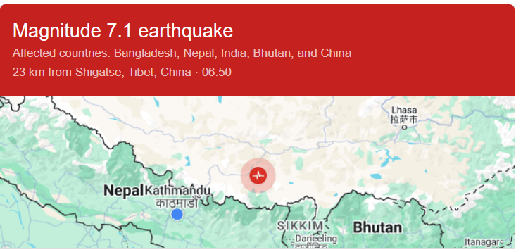 नेपाल-चीन सिमानामा ७ म्याग्निच्युडको भूकम्प